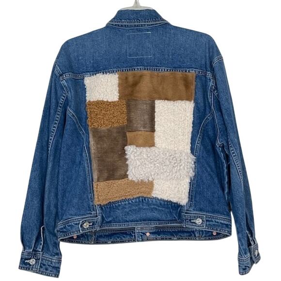 MOTHER NWOT Back Road Sherpa Patchwork Denim Jacket dark wash Running w Scissors - Picture 4 of 13